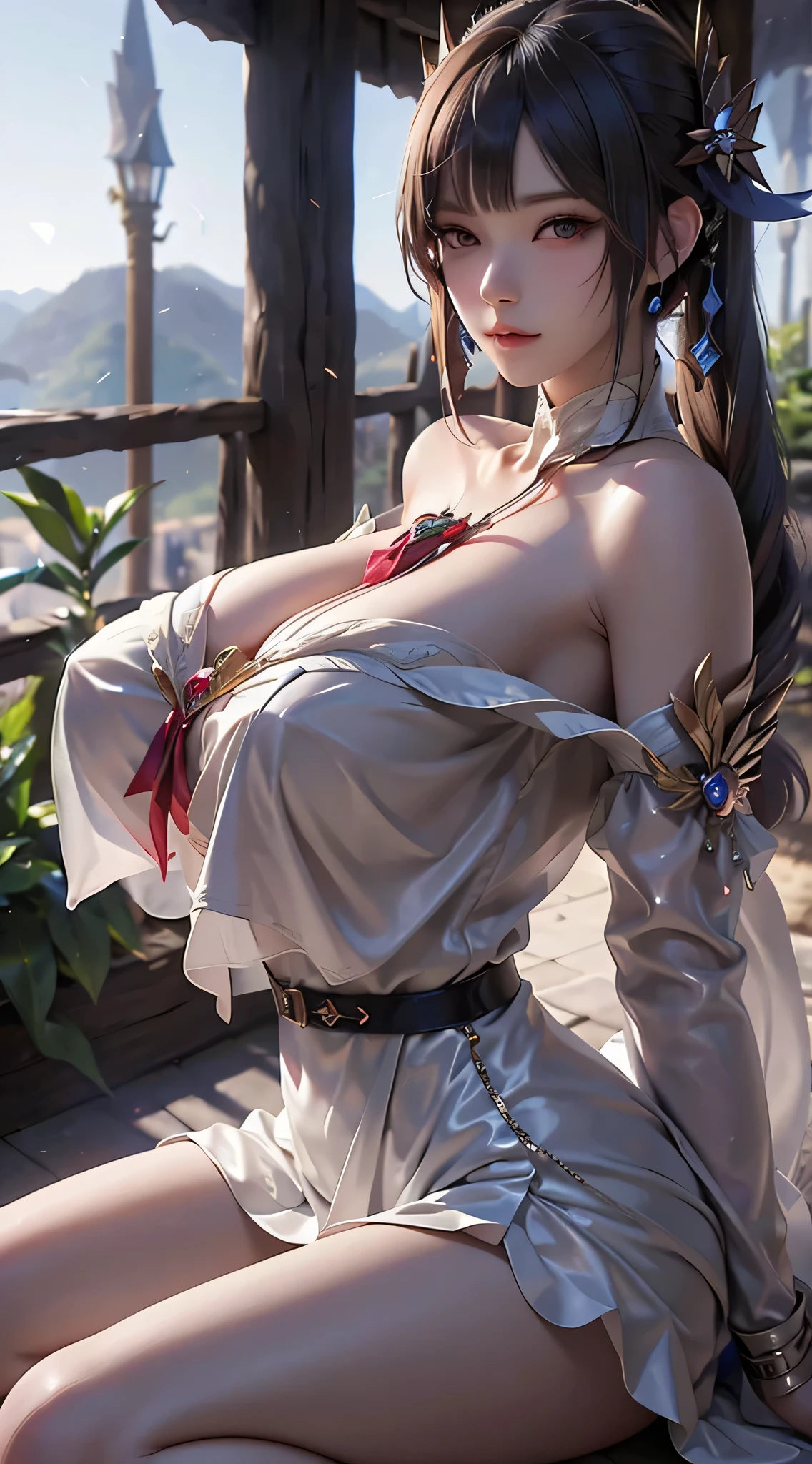 from behind,Backwards,Stretching,1girl in,(Ultra detailed skin),Curve,Petite,Beautiful breasts,Large breasts,pale skin,pointed breast,Erect nipples,(Fantasy Art,Highest image quality,Hyperrealist portrait,(8K),Ultra-realistic,Best Quality, High quality, High Definition, high quality texture,high detailing,Beautiful detailed,fine detailed,extremely details CG,Detailed texture,realistic representation of face,masutepiece,presence,Dynamic,Bold),Bob Hair,(Thin hair),(Soft hair),(Straight hair:1.5),Swept long bangs,Extra bright coppery amber hair,Hair over one eye,(holds a sword,Leather boots,Asymmetrical armor,(long embroidered white lace dress,see through,Lift the hem of the dress))