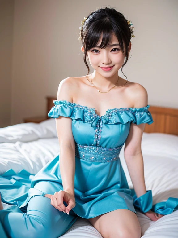 masterpiece, an extremely delicate and beautiful, extremely detailed, CG, unity , 2k wallpaper, Amazing, finely detail, light smile, extremely detailed CG unity 8k wallpaper, highres, absurdres, soft light, (((medium hair:1.3), Japanese girl, naked, perfect style, ((smile)), light brown hair, blowing in the wind, brown eyes, luxury diamond necklace, wearing a mane with blue flowers, jewelry, diamond, blue jeweled pearl head, naked, aeolian, short facing the viewer, looking at viewer, ((in royal palace)), royal, divine, princess, goddess, godlike, dreamlike, diamond ring,