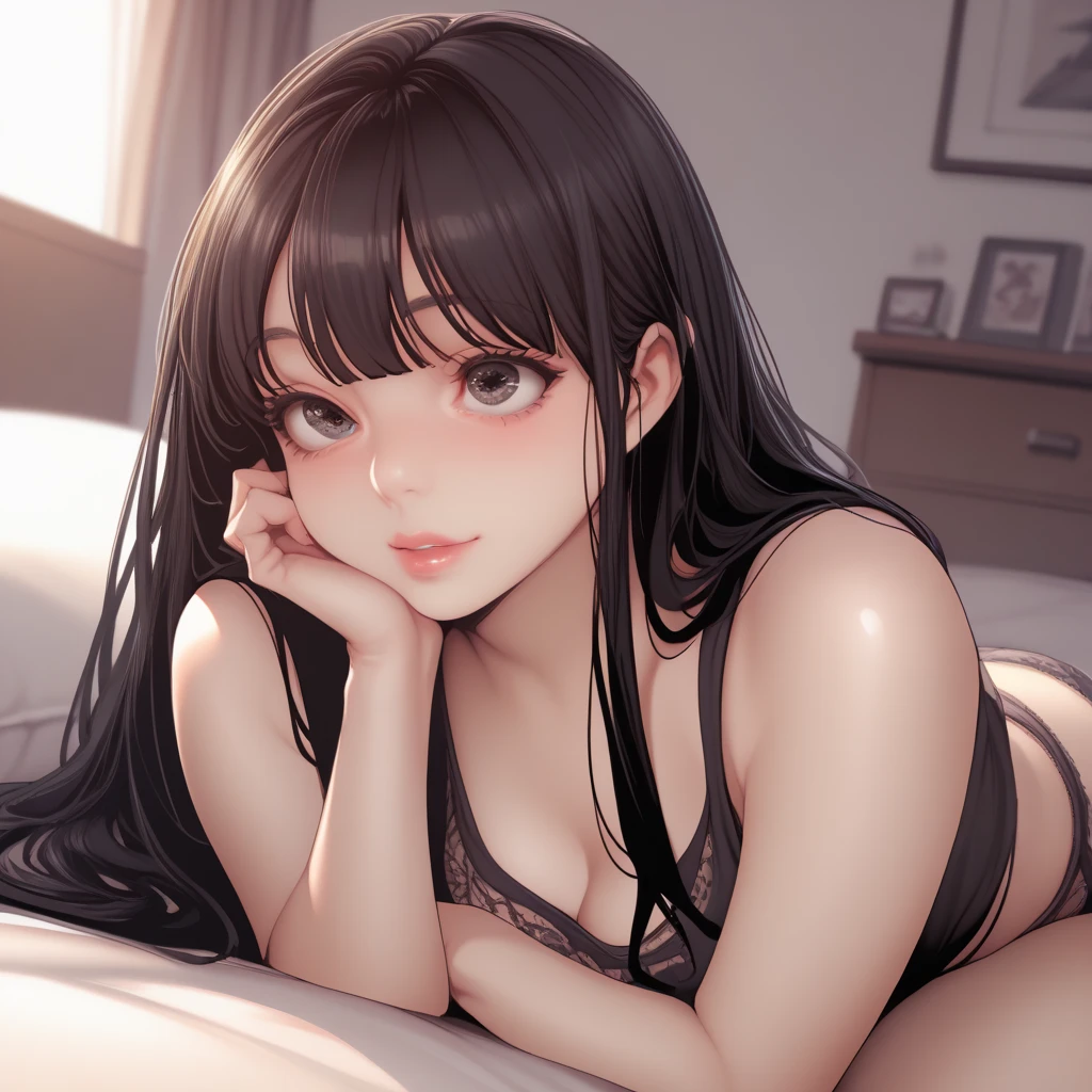 one woman,purple bra,purple back lace panties,on all fours,sexy pose,tiny breasts,tall of a person,wet body,gleaming skin,beautiful face,sharp eyes,open mouth,embarrassed,trembling,naughty expression,excited,flushed cheeks,closed eyes,long hair,wave hair,black hair,red eyes,peer in from below,love hotel,on the bed,illustration style,anime style,masterpiece, extremely fine and beautiful,illustration,adult woman