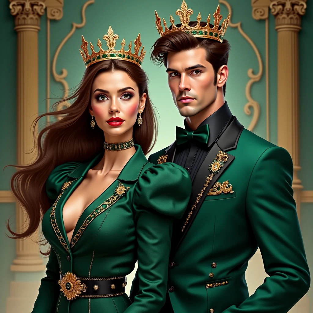 blond woman in gold dress and man in black suit posing for a picture, edmund blair and charlie bowater, wearing fantasy formal clothing, romance novel cover, charlie bowater and artgeem, inspired by Magali Villeneuve, gold noble, style of charlie bowater, gilded outfit, charlie bowater and mark brooks, magali villeneuve', imperial royal elegant clothing
