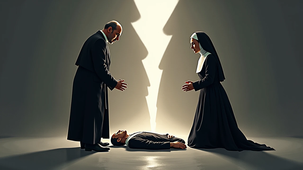 marvel art style, a sad nun kneeling down in a room filled with suited young masculine guys. The men are hot and are around her grinding on her