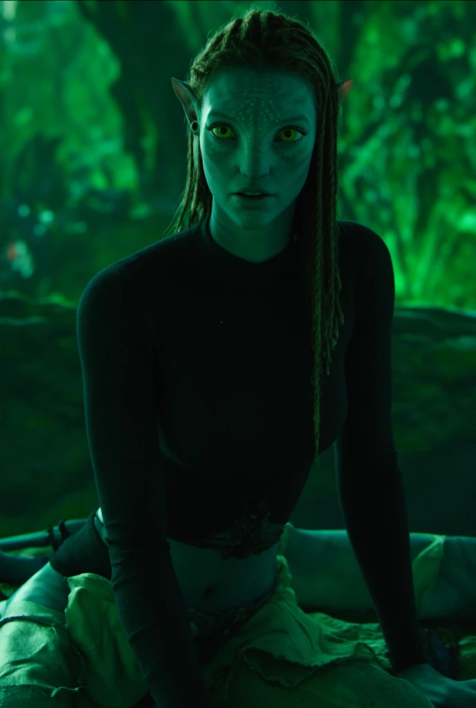 Dark background, Full body, front-side view, A daring female explorer, brown hair, blue skin, traversing the depths of a vibrant, crawling, all fours, night alien jungle teeming with fascinating creatures, bioluminescent, plants glowing blue and purple, specs of blue dots on plants, sunset, orange rim light, Green eyes, detailed futuristic exploration unbuttoned suit, naked breasts, subsurface scattering, (colourful plants colors:1.21), nigh time glow