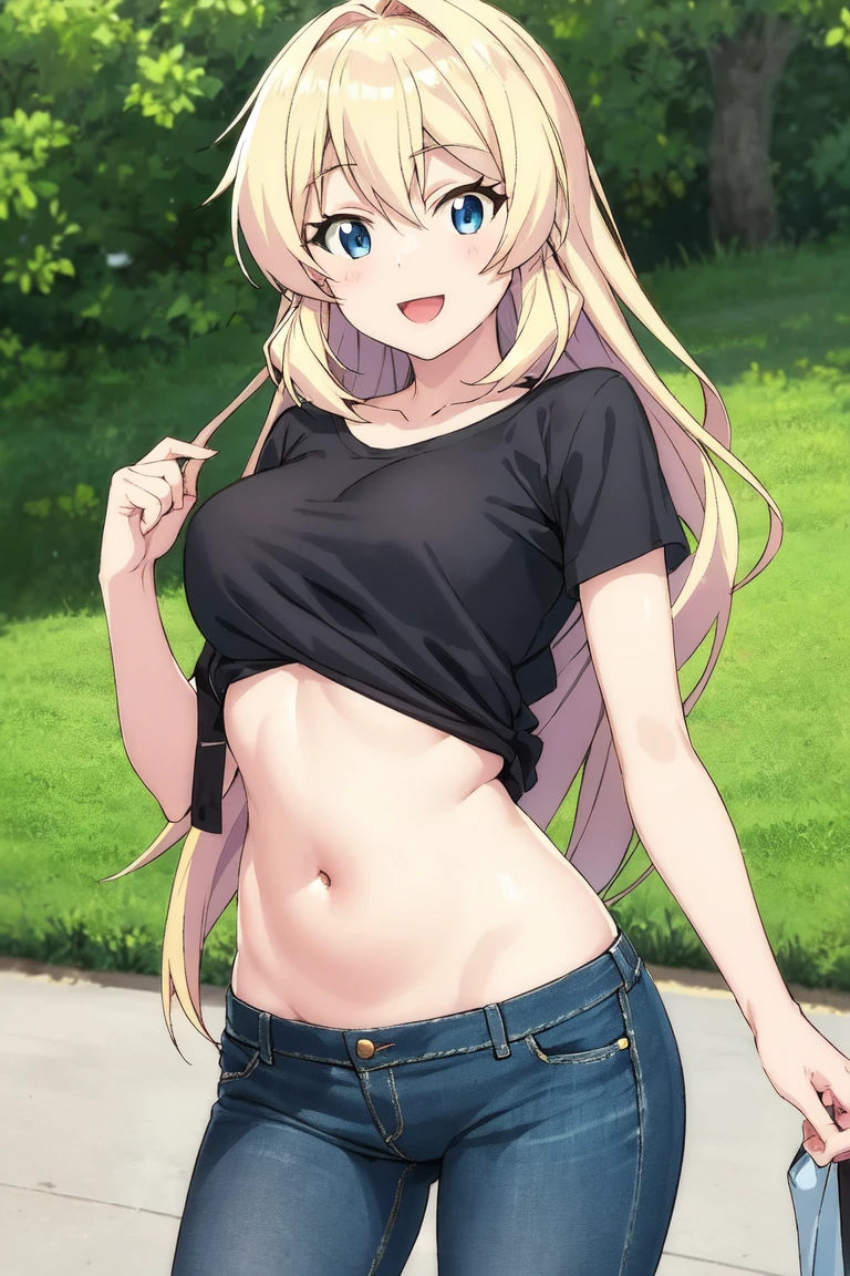 Safe for work, masterpiece, best quality, solo, 1 girl, cute girl, wholesome girl, (young female body:1.4), ( medium small breasts), cowboy shot, shy smile, flustered, yellow golden hair, extra long hair, thick wavy hair, hime cut, very blunt bangs, light blue eyes, white compression top, white tube top, black skirt, knee high socks, forest background, high ponytail