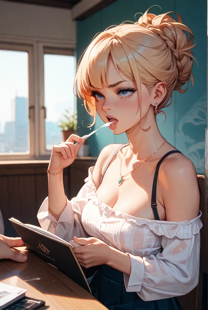best quality, high detail, (detailed face), detailed eyes, 1girl, food, solo, jewelry, plate, looking at viewer, breasts, blonde hair, cake, necklace, cup, candle, cleavage, holding, sitting, indoors, fruit, fork, spoon, medium breasts, table, drinking glass, collarbone, smile, long sleeves, lips, pov across table, pink shirt, blue eyes, pendant, chair, green eyes, shirt, holding fork, blurry, strawberry <lora:more_details:0.5> <lyco:GPTS4 dreamwave full_478773:0.3> <lyco:GoodHands-beta2:0.8>
