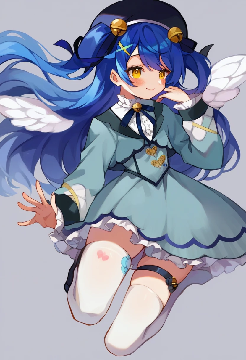 hair ornament, bangs,bow,white hair,low twintails,hair between eyes,long hair,hair flower, SFW,
green_eyes,v-shaped eyebrows,
blush, smile. happy,
flower,skirt,wings,dress,lace trim,school uniform,blue skirt,long sleeves,sailor collar,
panties under pantyhose ,crotch seam,underwear,
highband pantyhose,pantyhose,
on back,looking at viewer, (from behind:1.3), clothes lift,skirt lift,lifted by self,looking down,
from below,
thighs,navel,simple background,
{{{beautiful detailed eyes}}},{best quality},{{masterpiece}},{highres},{an extremely delicate and beautiful},game cg,original,extremely detailed 8K wallpaper