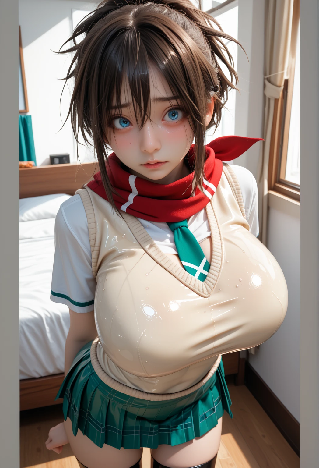 (best quality), big head, (amane suzuha with gigantic breasts:1.3) in a super reaviling outfit in bedroom,huge breasts,giant breasts, largest breasts,bigger breasts, huge breasts, giant breasts,biggest breasts, giantest breasts