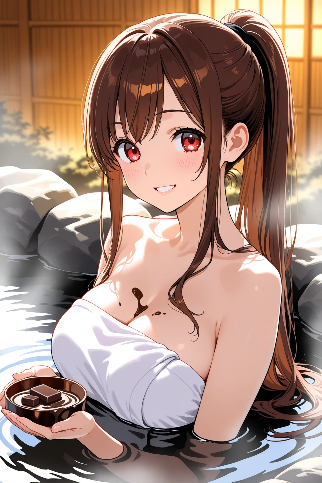 (best quality:1.2,ultra-detailed,photorealistic),anime(art style),smoke effect,portrait of an beautiful idol,smiling and blushing(cheeks turning red),leaning body forward,low camera angle,rainy background in front of a house,large breasts., nude