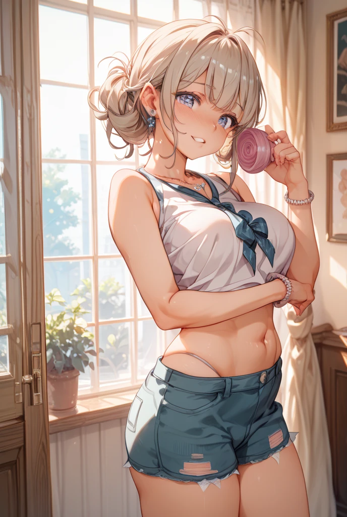 Close-up、(((blonde hair)))、wavy short hair、cute、summer:1.3、shirt:1.3、、skirt(((Highest image quality、High resolution、masterpiece、one woman)))、((((embarrassing:1.3、)))、(((cute)))、Super delicate and cute girl with blonde hair、soio、office lady、22 years、8K Ultra High Definition、Delicate texture、short wavy Hair、flat chest、(())、(())),,Plain clothe、Smiling,spreading her legs,exposed panties,nsfw,middle breast,office,,lying down on the desk,spreading legs open wide with knees bent,creating the shape of the letter M,(((detailed race white panties))),(((showing armpits:1.3)))