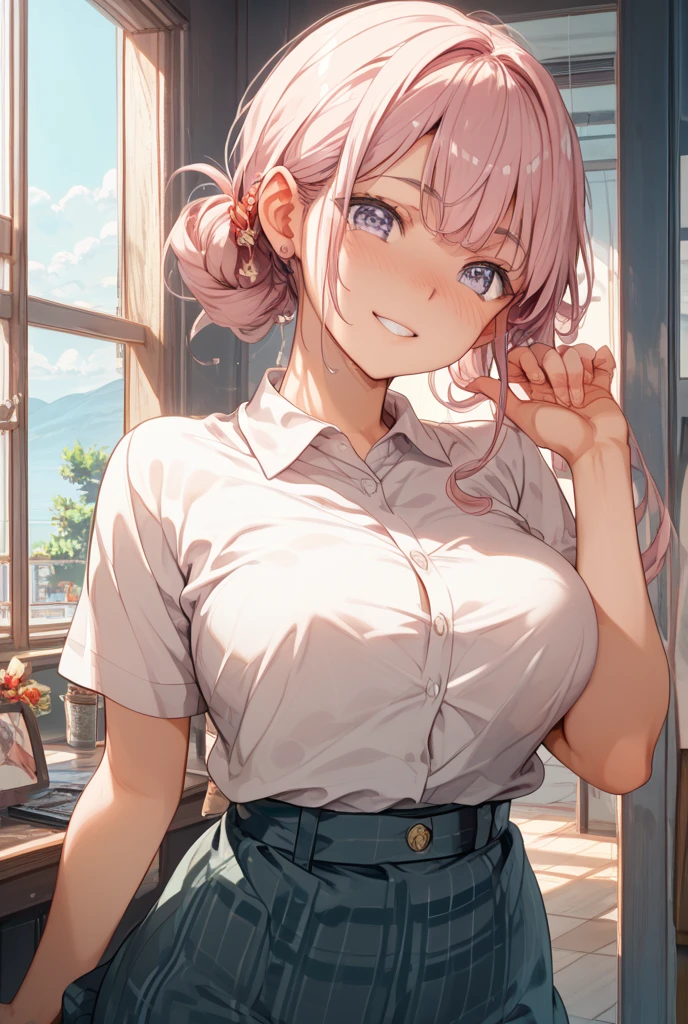 (masterpiece:1.3, top-quality, ultra high res, ultra detailed), (cleavage:1.4),(realistic, photorealistic:1.4), beautiful illustration, perfect lighting, natural lighting, colorful, depth of fields, surrealism, (embarrassed,blush:1.3),
beautiful detailed hair, beautiful detailed face, beautiful detailed eyes, beautiful clavicle, beautiful body, beautiful chest, beautiful thigh, beautiful legs, beautiful fingers, shiny skin,
looking at viewer, 1 girl, japanese, high school girl, (perfect anatomy, anatomically correct, super detailed skin), cute and symmetrical face, babyface, perfect face, perfect eyes,
(middle hair, two side up, pink hair), crossed bangs, purple eyes, drooping eyes, big eyes, long eyelashes, (large breasts, seductive thighs, skindentation), slender, outstanding style,
((detailed cloth texture, white collared shirt, blue pleated skirt, dark red neck ribbon), black thigh-highs, loafer),
(beautiful scenery), late afternoon,hands on chest, (lovely smile, upper eyes, open mouth small),