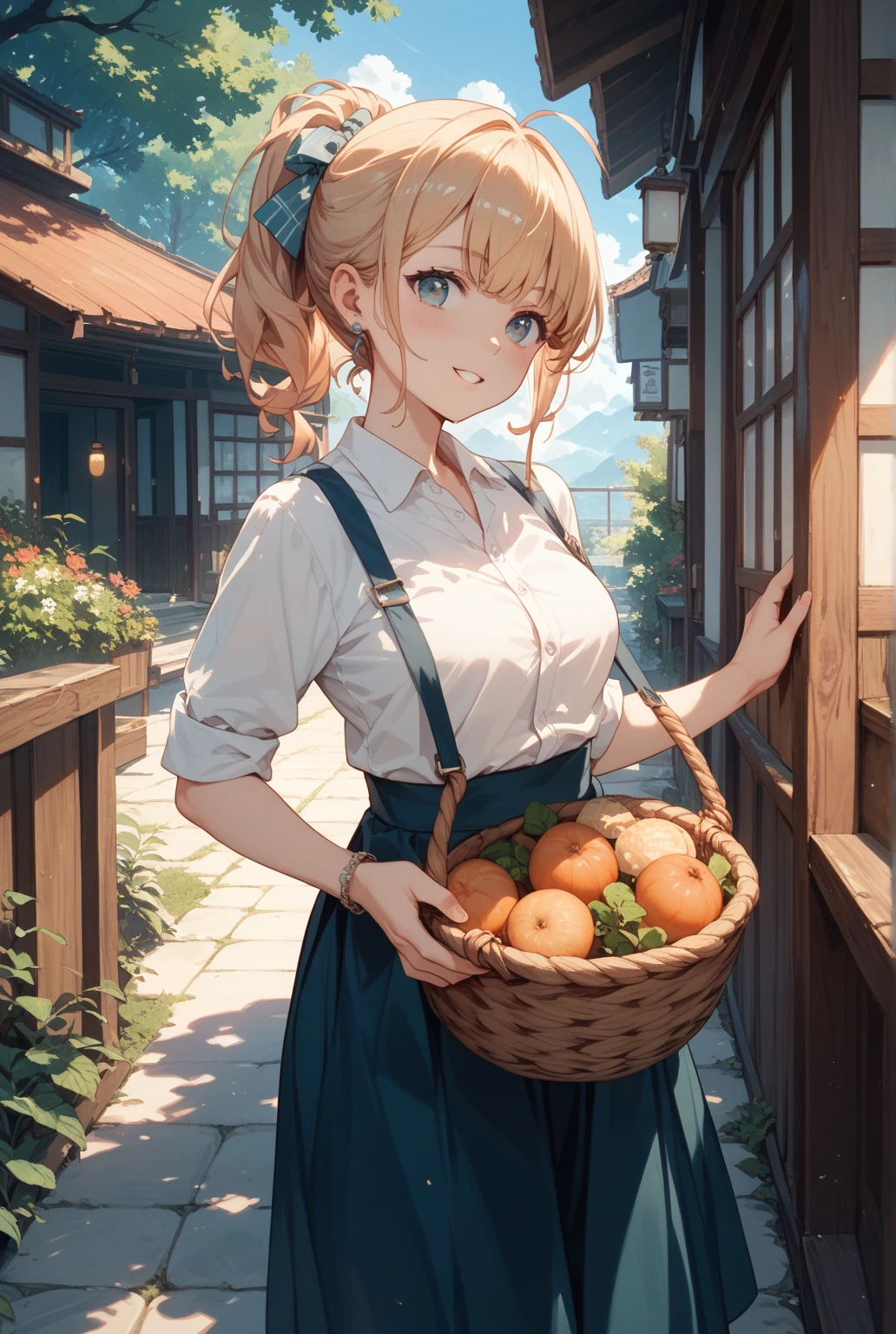 Anime character, blonde hair, oranges eyes, farmer, overly large breasts, friendly smile, carrying milk bucket, farm background, NSFW, Farmer clothes