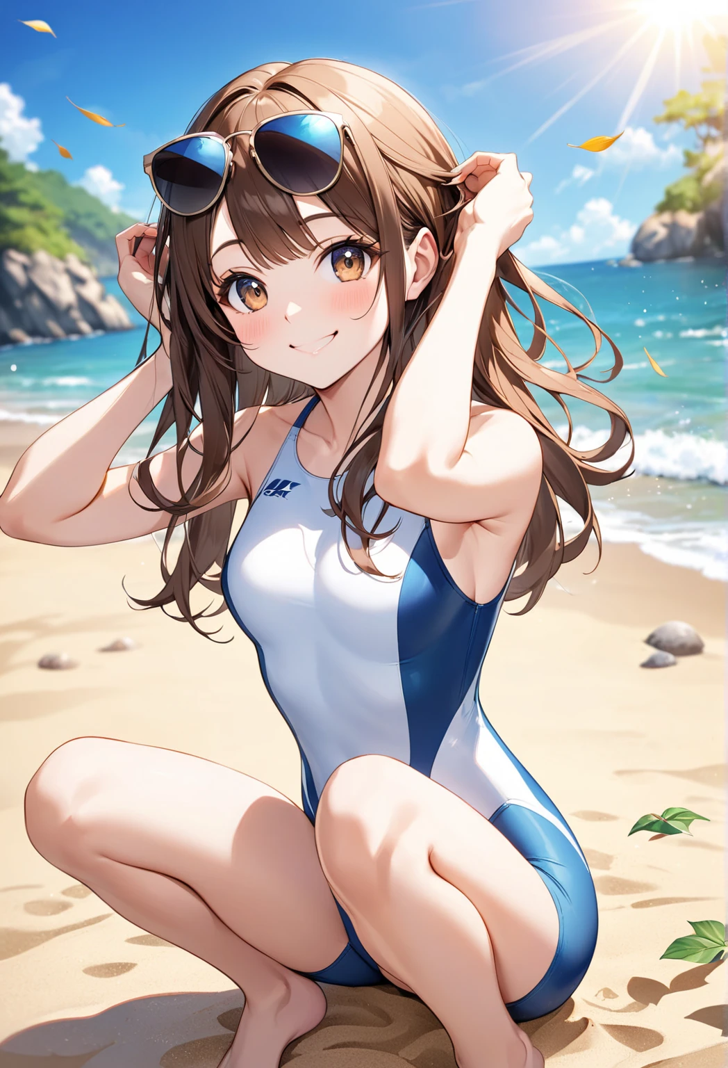 (NSFW:1.1), masterpiece, Highest quality, Ultra-high resolution, Highest Resolution, Very detailed, cowboy shot, very cute, Complete limbs, Shining Eyes, Full Finger, bbsato, long hair, half updo, braid, hair between eyes, animal ears, ear ornament, horse tailr, Embarrassed look, Writhing expression, School swimsuit, Glowing Skin, sexy pose, beach, Bubble, (Wind:1.2)