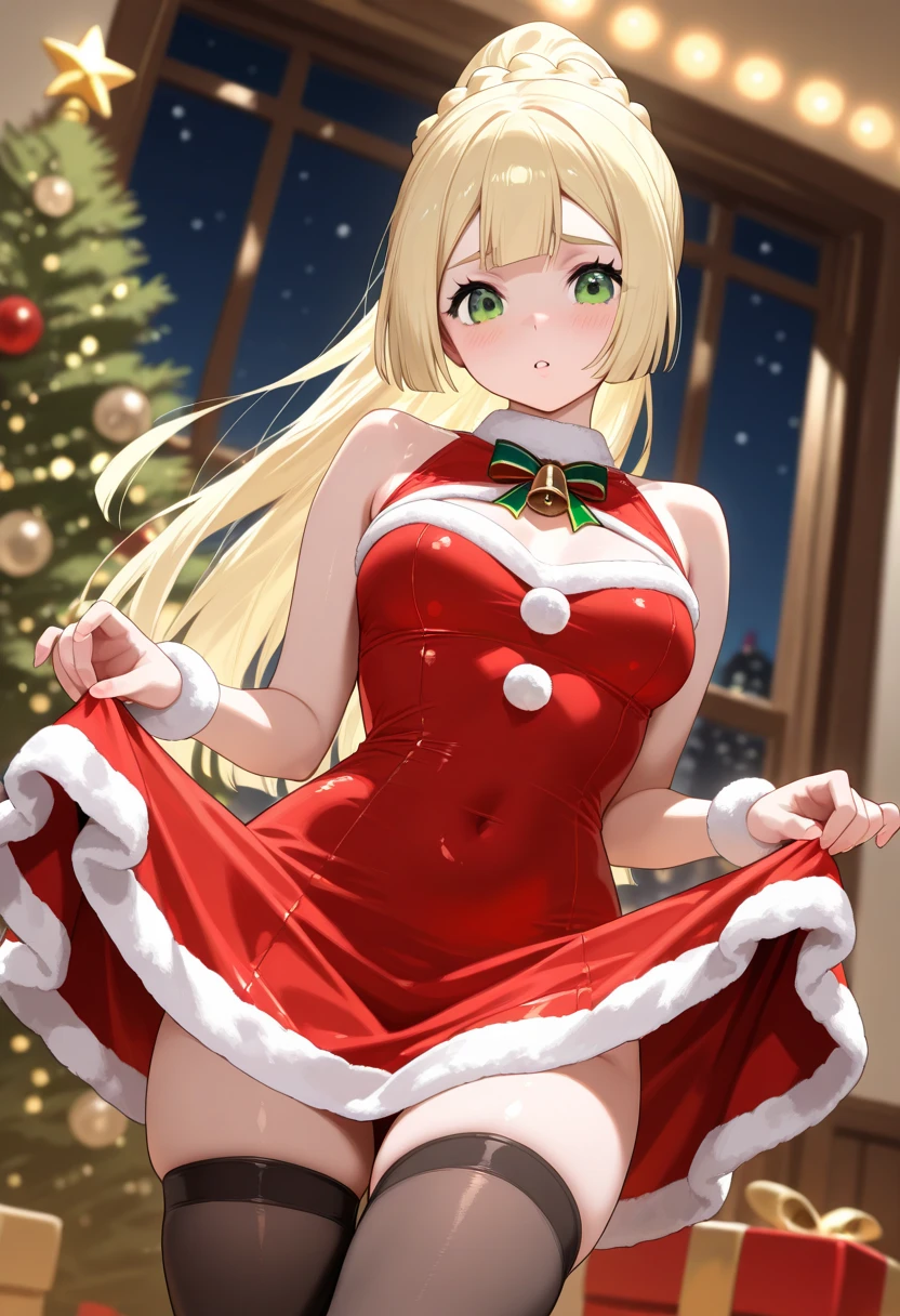 sexy, Piernas gruesas, Minivestido rojo con detalles festivos., combinado con tacones a juego para un conjunto elegante y festivo, (((christmas beasts)) ((zero two)) ((Big breasts))