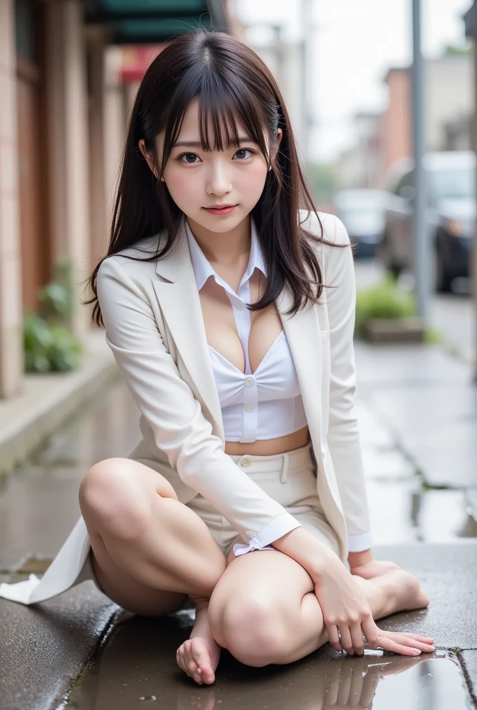 (8K, RAW Photos, 最high quality, masterpiece: 1.2), (Realistic, photoRealistic: 1.37), 1 Woman in a suit standing on the sidewalk, Cityscape, Day, Sunny Morning, Professional Lighting, Photon Mapping, Radio City, Brazilian women, Torn, shirt, Woman in a suit, Silk Suit, masterpiece, 最high quality, high quality, High resolution, big , ((Face close-up)),Tingling nipples、Out of breath、Feels good、oh、Endless caressing with a clitoral vibrator、Caressing the vagina with lotion piston、orgasm、