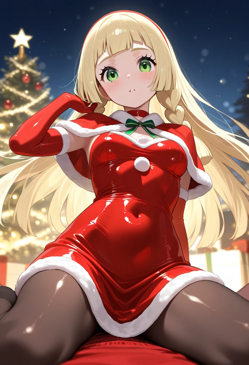 1girl,solo, prt,blonde hair, long hair, one side up,center frills, blue eyes,medium breasts,(china dress:0.8), christmas, santa costume, lying,head tilt, merry christmas, jingle bell, christmas tree, covering mouth, large ribbon, indoors, no panties, christmas present, <lora:one_side_up-000004:1> string pull,santa hat, rotational symmetry,
