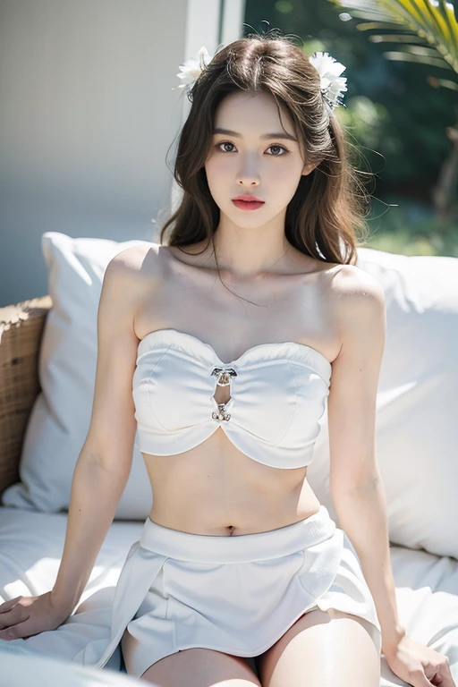 1girl 13 year old, solo, long hair, big breasts, looking at viewer, black hair, bare shoulders, brown eyes, jewelry, full body, necklace, off shoulder, short white blouse, lips, realistic, nose, flirting with camera