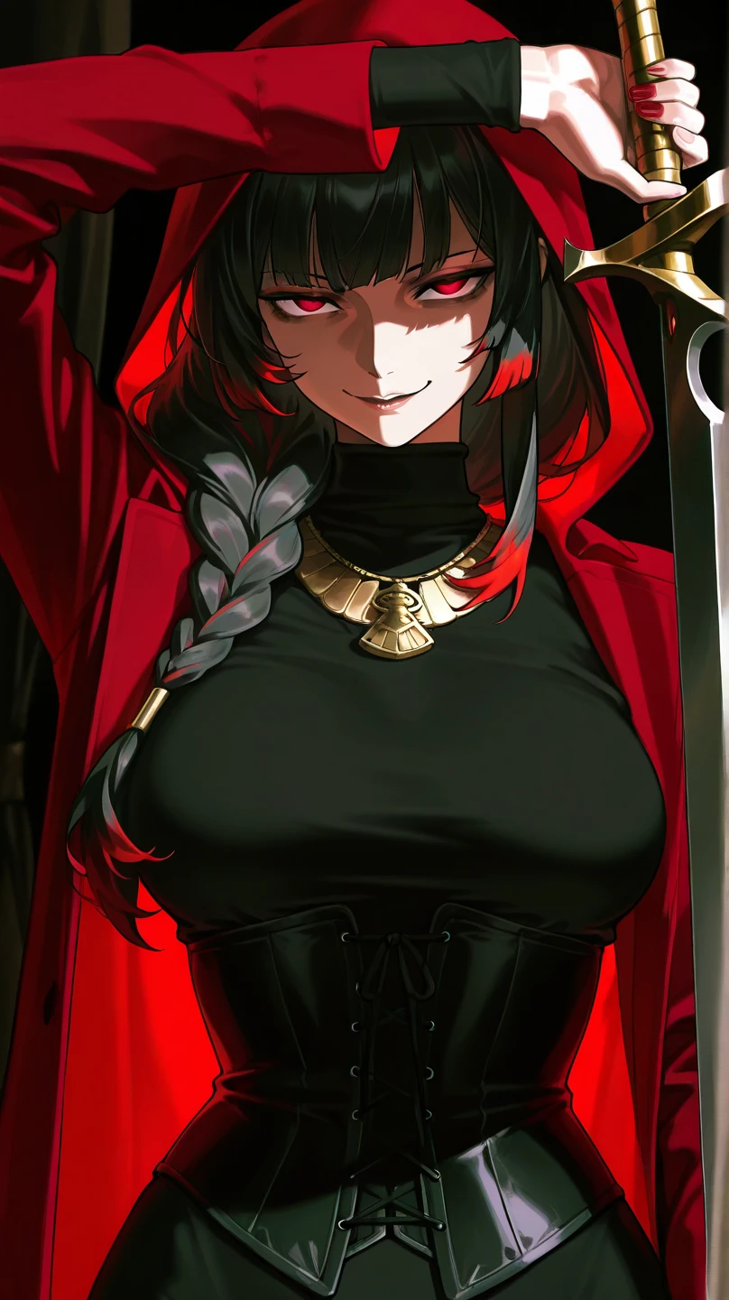 Adult woman, pale skin, long black hair, fox ears, green eyes, red eye shadows, red lipstick, black magic dress, open breasts, smirk, Masterpiece, high quality