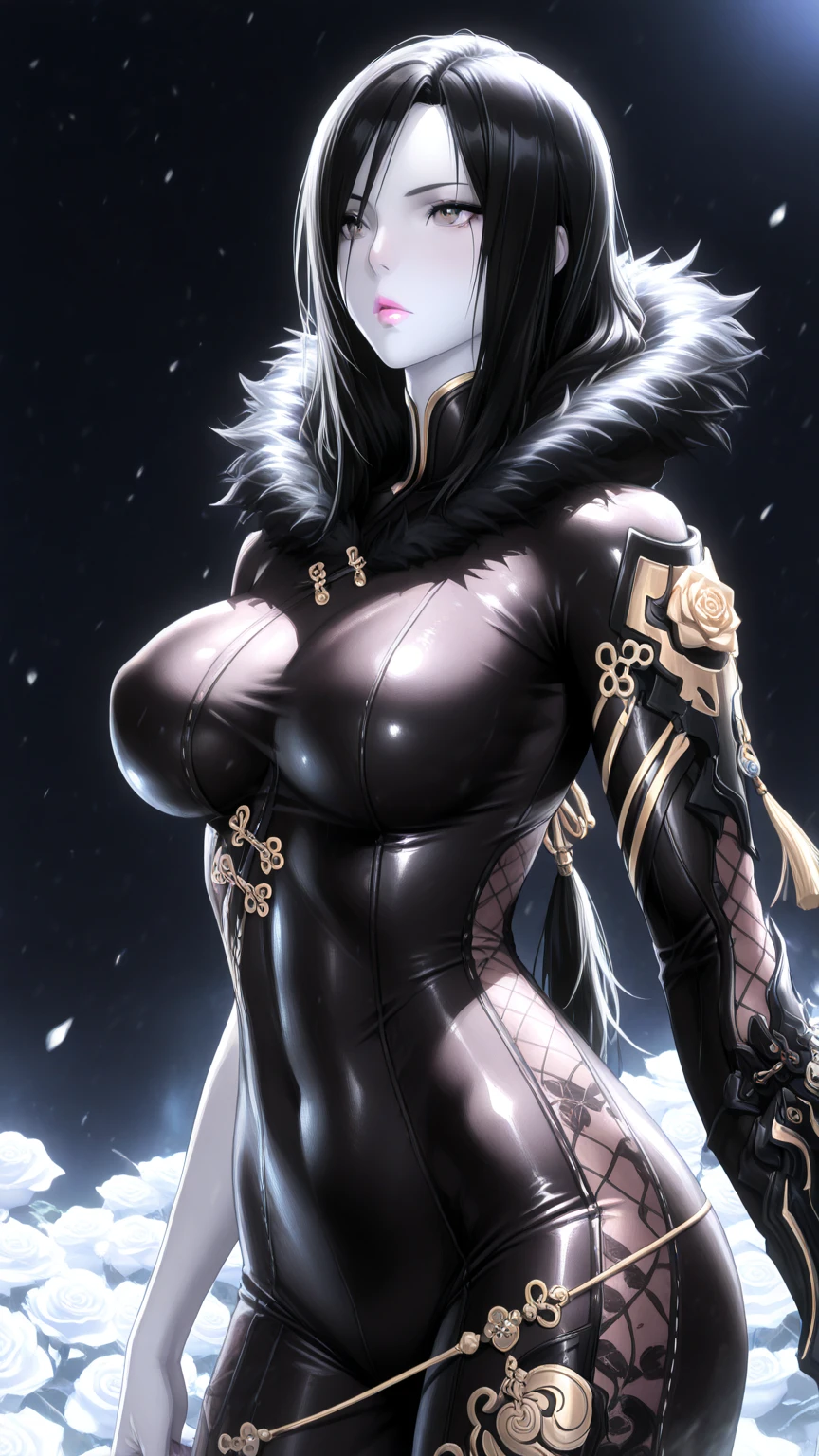 (masterpiece, top quality, best quality, official art, beautiful and aesthetic:1.2), (1girl:1.3), ((long black hair)), (((pale purple skin, pale blue skin, blue skin, purple skin))), extremely detailed, portrait, looking at viewer, solo, (full body:0.6), detailed background, close up, (cold night mountain theme:1.1), dark elf war dancer, charlatan, smirk, mysterious, swaying in mountains, skimpy attire, revealing gladiatrix costume, gold bikini, cowl, metal bikini, long boots, dual knives, violet fabric, black leather, ((gigantic breasts, cleavage, skindentation)), slim waist, slim hips, long legs, medieval (mountain exterior:1.1) background, dark mysterious lighting, shadows, magical atmosphere, dutch angle