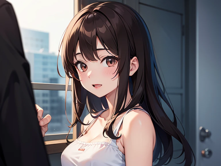 Biologically correct five fingers、waving hand, head tilt, Realistic, real person, (pale skin: 1.2), upper body, RAW photo, photorealistic, shiny skin, shiny hair、(A 35-year-old woman with medium-length hair and bangs) and (wavy hair) and (brown hair) and (Orange Eyes) , (white:1.5) and (blouse) 、Cleavage、(confused:1.5), open mouth, The background is the living room、Alone、Are standing