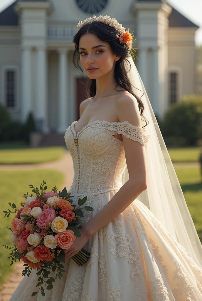 Beautiful young woman, 22 years old, long black hair and blue eyes. She is wearing a mid-century wedding dress with a white veil. behind her a luxurious mansion in Italy. The expression on his arrogant face, highlighted by his blue eyes