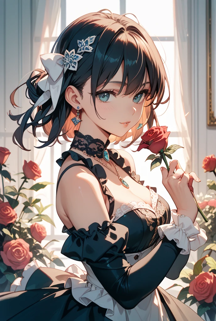 Masterpiece, best quality, high resolution, beautiful girl Black sheer lace Gothic Lolita Fashion Looking up Mouth half open , dramatic lighting, deep shadows
