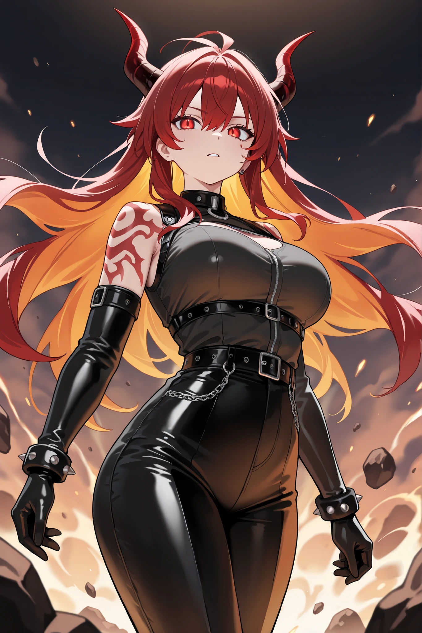 create a banner for a twitch channel with anime, A girl, kawaii, gothic, showy, ink paint line art, vector art, thick lines, glitch art, Flat colors, Clave visual, Vibrant, Technical drawing, line art, minimalist, Masterpiece, black and red hair, busty, ropa gothic, and name in gold say AUGUSTINTTPD  