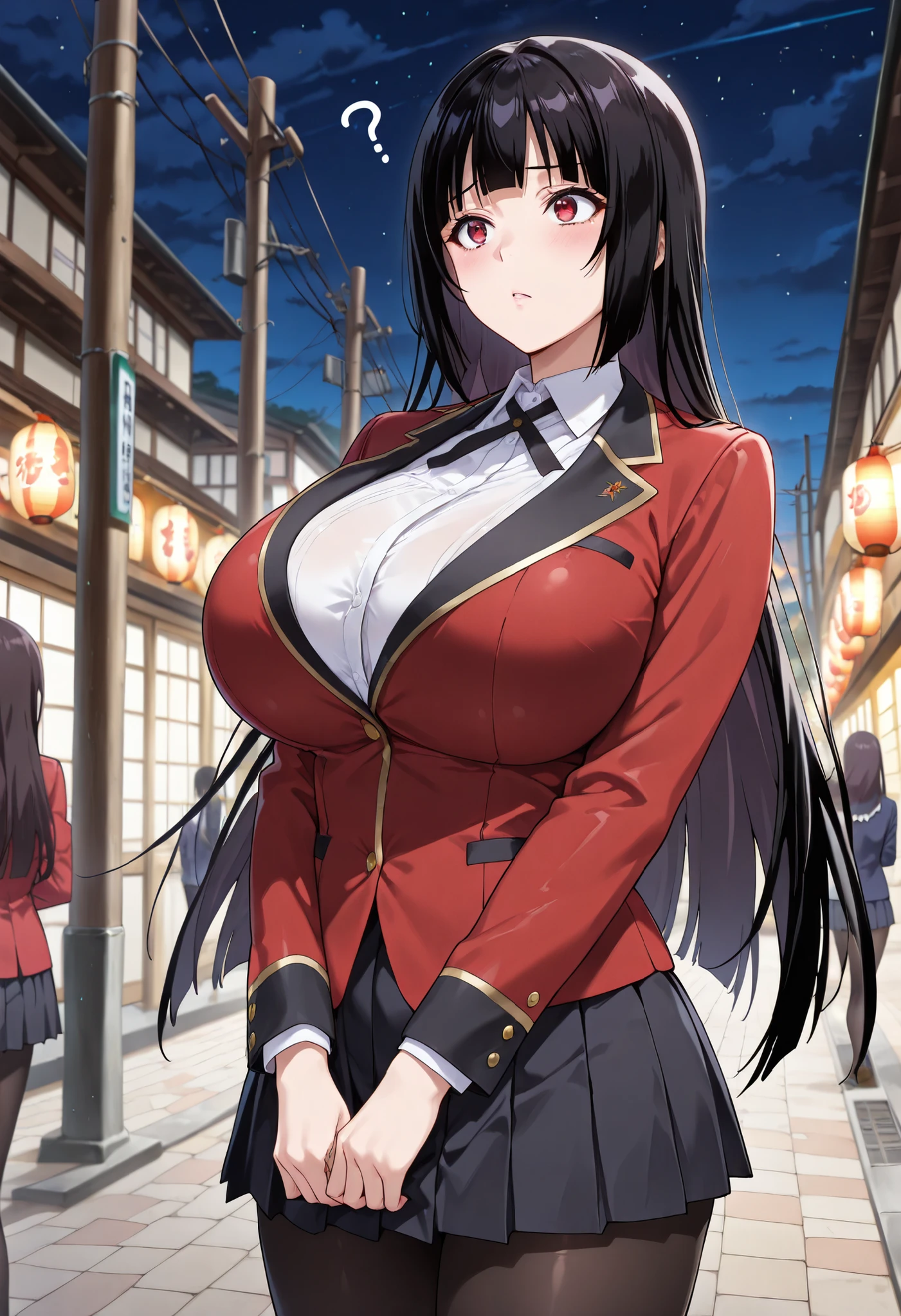 (master piece, best quality, anime, detailed, absurd:1.2), Japanese women, high school girl, jabami yumeko, beautiful character designs, Beautiful skin, Long Black Hair, straight hair, short bang, beautiful detailed depiction of eyes, expressive eyes,Red Eyes, Confused Expression, (uniform, red jacket, black pantyhose, white shirts are open at the summit of Mt. Hakodate, black ribbon, pleated skirt, long sleeve), (huge breasts:1.1), (cowboy shot), 函館山山頂にて, night, night景が広がる