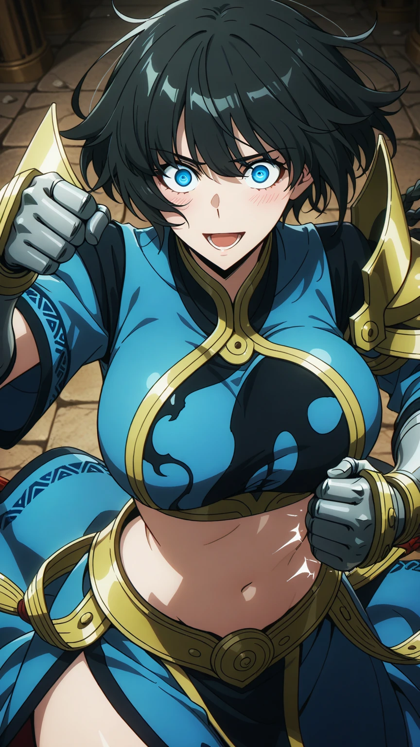 mulher jovem,short black hair , badass , full ancient armor,coxas torneadas,Evil Smile,juri han,chifres de cabelo,detalhes do corpo