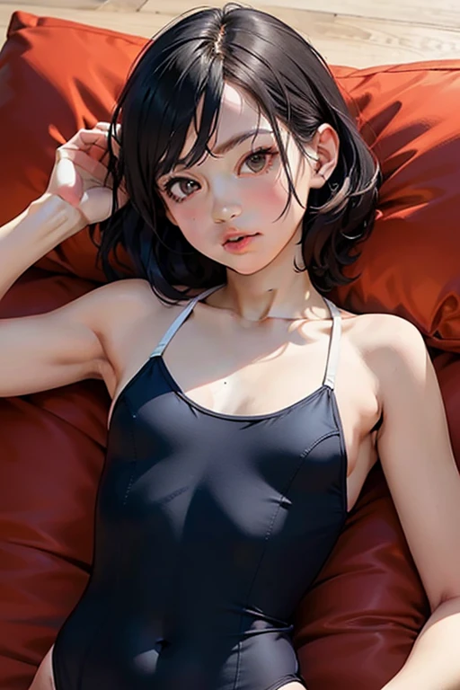 Photo lying in bed.　Energetic, easy going, healthy, Cute elementary school student with short hair. Short hair that shows ears and neck.　Super Short Hair　Small breasts　 Leotard　Beautiful Japanese Girl　Beautiful belly　Beautiful Skin　美しいSmall breasts　Pink lipstick