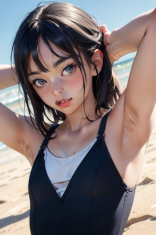 One Woman, alone, alone Focus, Cowboy Shot, Portraiture,, Beaver, ((Black Hair)), (Gradient Hair :1.5), Curly Hair, Very fine eye, work, White knit, (Small TI quality, Very detailed,Swimwear,