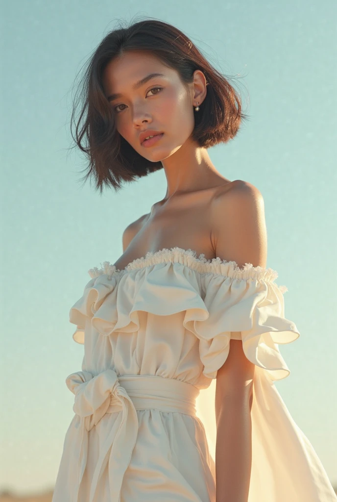 a woman, solo, short hair, black hair, dress, standing, sharp focus, outdoors, sky, day, cloud, water, clothes lift, from behind, blue sky, dutch angle, inspired by Milo Manara, seagulls, ocean, traditional media, beach, watercraft, ship, waves, boat, seagull