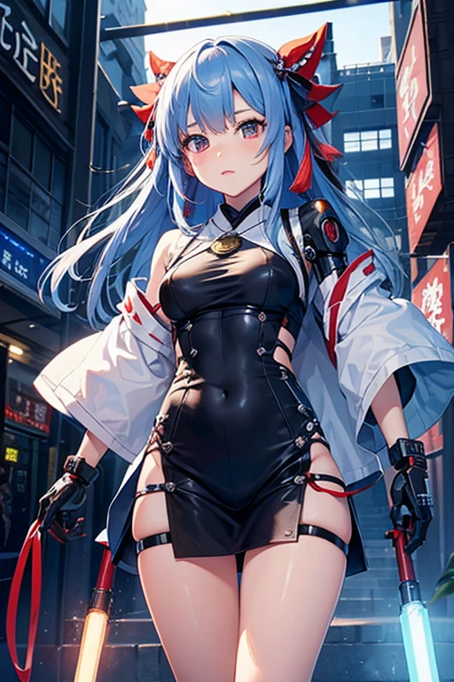 最high quality、best image quality、masterpiece、teenage girl((18-year-old、 By becoming、vest bust、medium bust,wide open breast tea、black eye, light blue hair、Red mesh、long hair、thin,highest valley、red mechanical body、Power cable、show your whole body、Expressionless、walk)),high quality、beautiful art、background((Bright Institute))debris flies、Depth of written boundary、movie、visual art、perfect art、8K,genuine