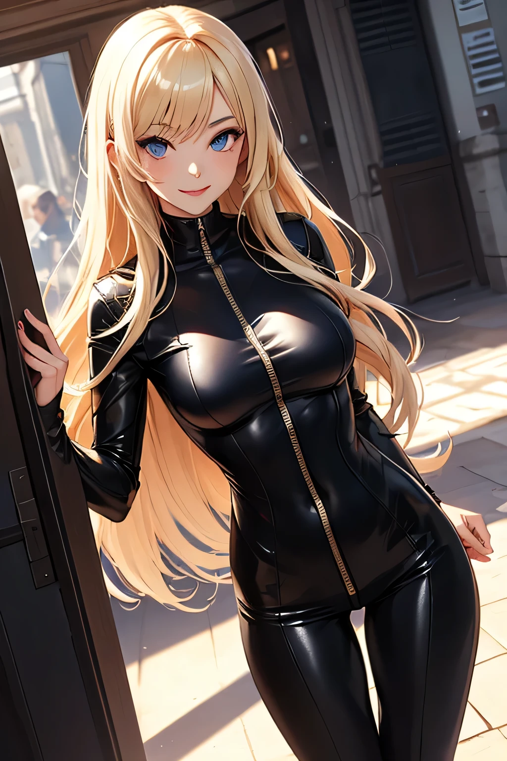 (masterpiece, best quality:1.2), cowboy shot, solo, 1girl, utsushimi camie, smile, looking at viewer, crossed arms, peaked cap, black bodysuit, unzipped, cleavage