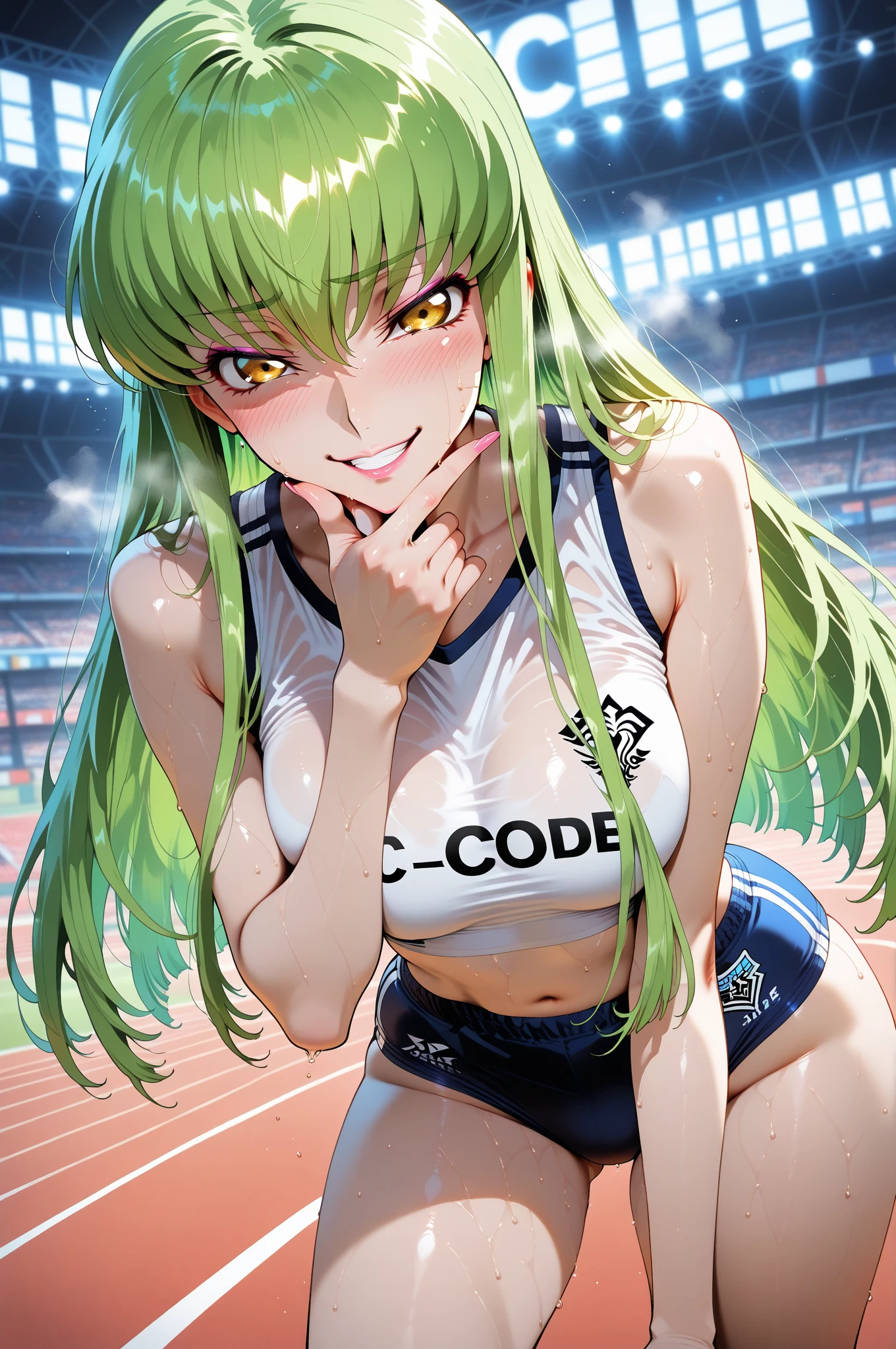 (masterpiece, best quality, detailed), 1girl, solo, looking at viewer, c.c., yellow eyes, green hair, long hair, bangs, medium breasts,
<lora:Soccer Uniform By Stable Yogi:0.5>, soccer uniform, outdoors, house, rural, village, scenery, path, river, bridge, leaning forward, adjusting hair, hand in own hair, hand on own thigh, from above, smile, open mouth, heavy breathing, sweatdrop