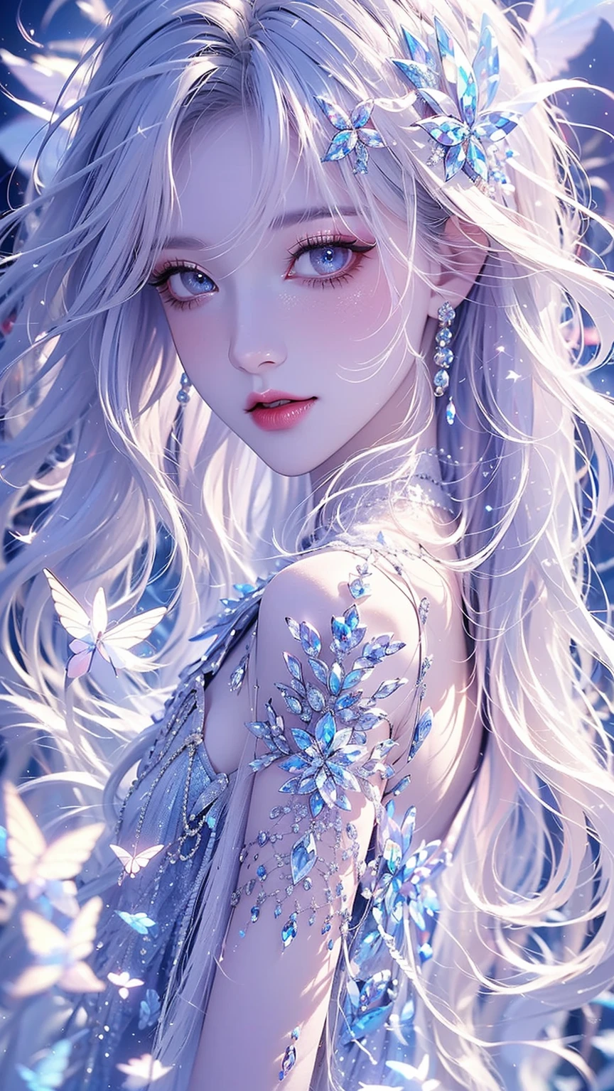 ((Highest quality)),(Ultra-high resolution),(Ultra-detailed new),(Detailed Description),((The best CG)),(masterpiece),Highly detailed art,A wonderful new art form,(Art with precise details:1.5), (One adult woman:1.1), Staring, Starry night sky, Twinkling stars in the night sky, flower