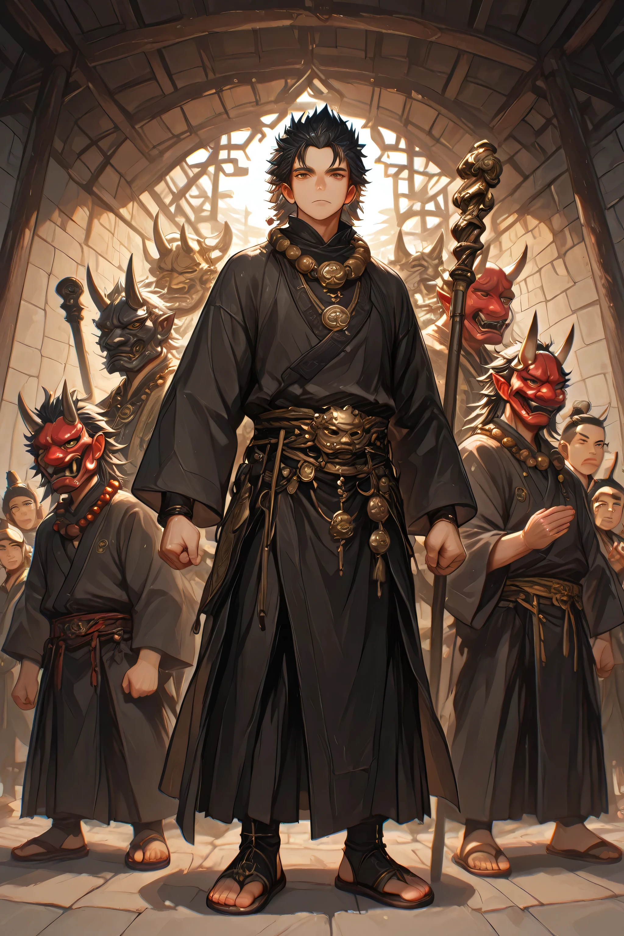 oni mask, shakujo staff, shaolin monk robes, sandals, prayer beads necklace, black hair, brown eyes, spiked hair, fantasy, dungeon and dragon