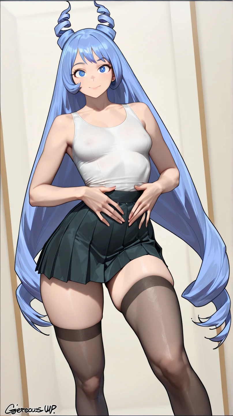 1girl, bangs, black hair, black stockings, thigh highs, long hair, medium breasts, panties, lips, ponytail, reclining, standing, pantyhose, underwear, thick legs, thick thighs, white panties, white background