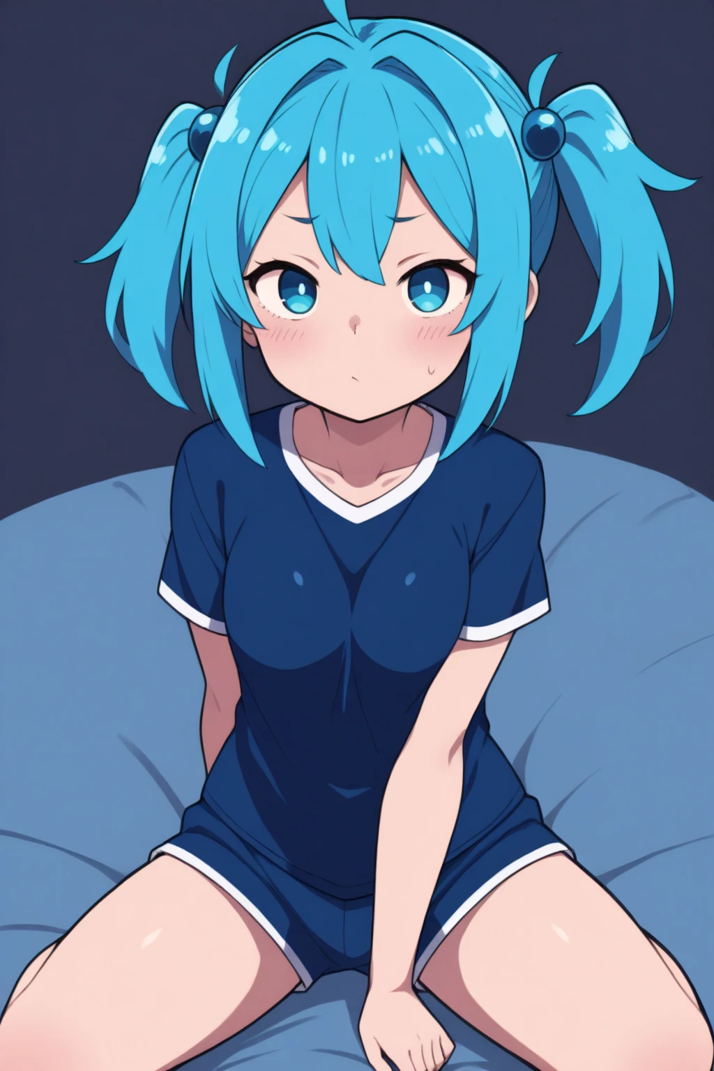 Lifting shirt to midsection with hands, blue eyes , black panties, green hair, oversided t-shirt, 0, thigh high socks, thighs in frame, 2 hands, 2 arms, finger, midriff, sitting, thighs, sweet, shushing, creamy pussy, cream pie in pussy, cum filled holes, cumming pussy