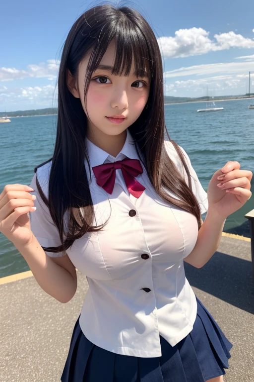 Japan student、summer shirt、bow tie、White pleated skirt、ponytail、school stairs、Walk down the school stairs、Chest up posture、Strike a pose to show off your breasts、8K RAW photos、high resolution、((Cute Japanese 16 year old girl))、Beautiful eyes are meticulous、long eyelashes、beautiful double eyelids、eye shadow、Eyeliner、shy smile、shy eyes、The legs are beautiful and thin、Beautiful and thin thighs, NSFW, NAKED, NUDE