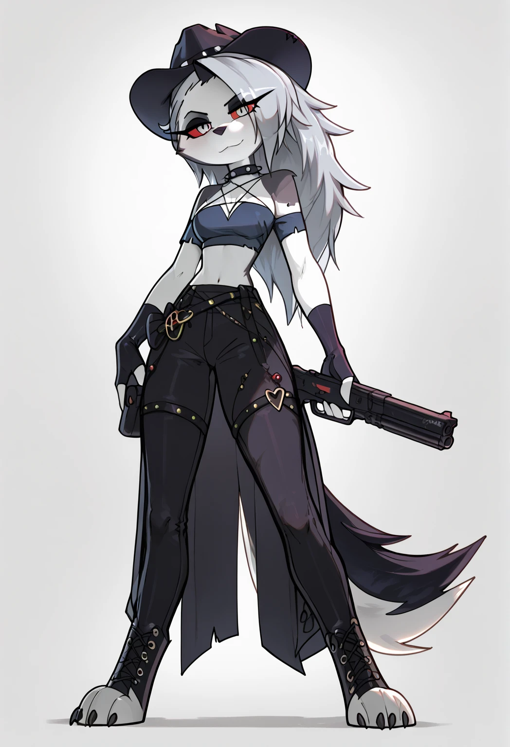 Rating_questionable, masterpiece, beautiful, solo, (female anthro bird, Avian, blue jay), (sexy), medium breasts, athletic female, blue feathers, (bird tail), confident expression, black turtleneck, sleeveless turtleneck, leather bracers, leather skirt, short skirt, striped stockings, military boots, high boots, black eye shadow, expressive eye shadows, goth, (black stripes on head), black stripes on sides, (spiky hair, punk hair), blue body, white chest, Helltaker style
