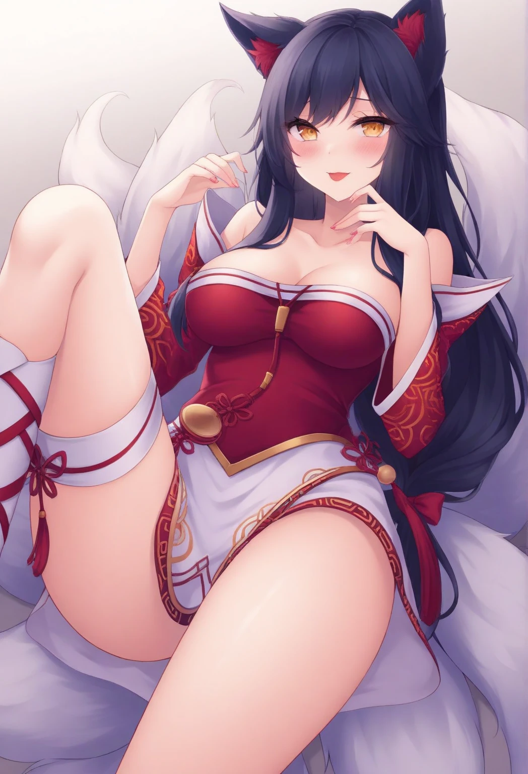 (best quality,ultra-detailed,realistic:1.37),Ahri,spa,luxurious,relaxing atmosphere,beautiful detailed eyes,beautiful detailed lips,smiling,bathrobe,sitting upright,black hair,nine white tails,peaceful background,portraits,vivid colors,soft lighting,tranquil ambiance, bare breasts