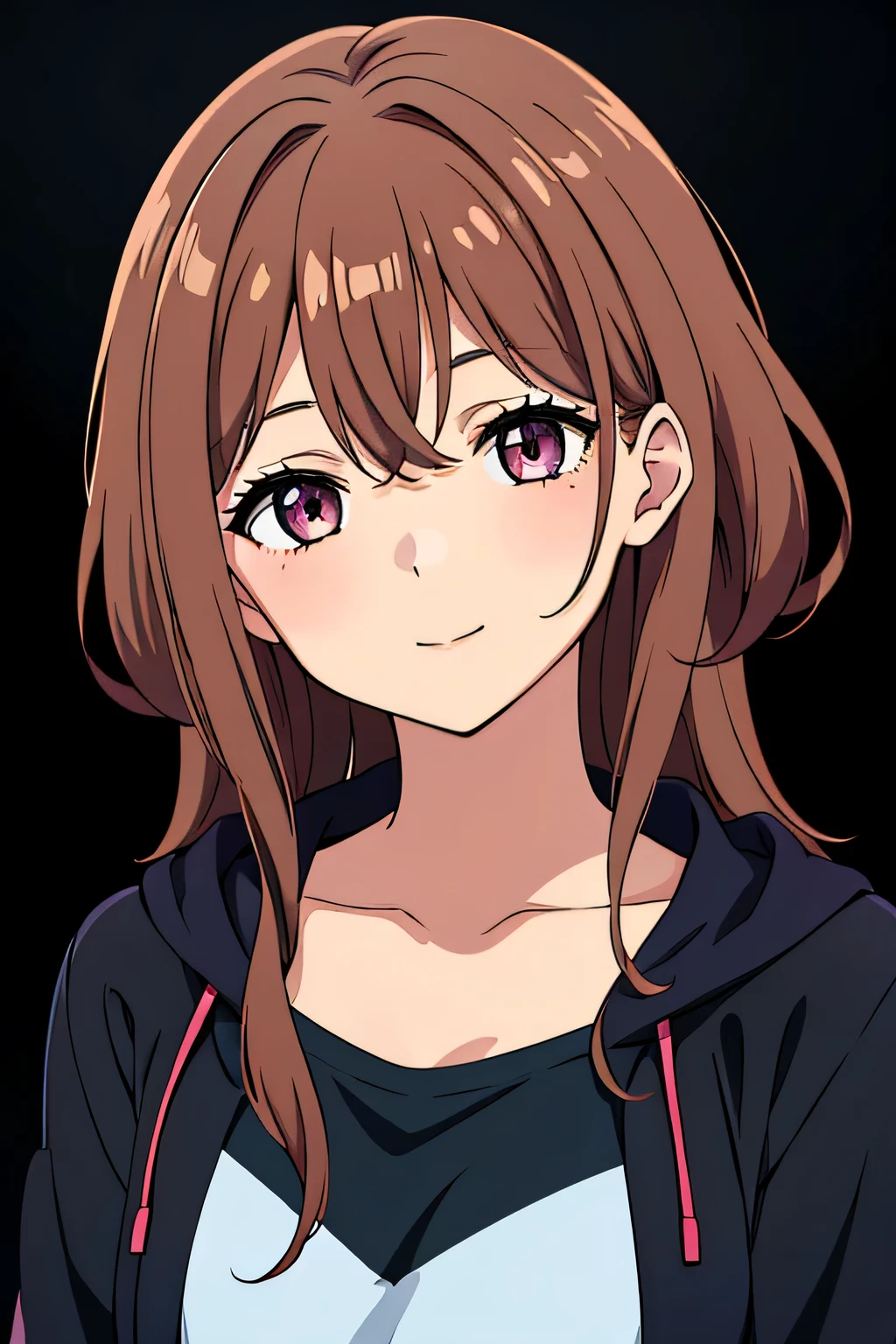 (high-quality, breathtaking),(expressive eyes, perfect face) 1girl, female, solo, young adult, brown hair color, pink eye color, soft wavy curley hair, medium hair length, elegant, relaxed, calm expression, black hooded jacket, dark blue shirt, modern clothing, stylized clothing, accessories, hairclip, Symmetrical Eyes, portrait, headshot, dark blue and black background, Madoka Higuchi character, narrow eyes, cute smile