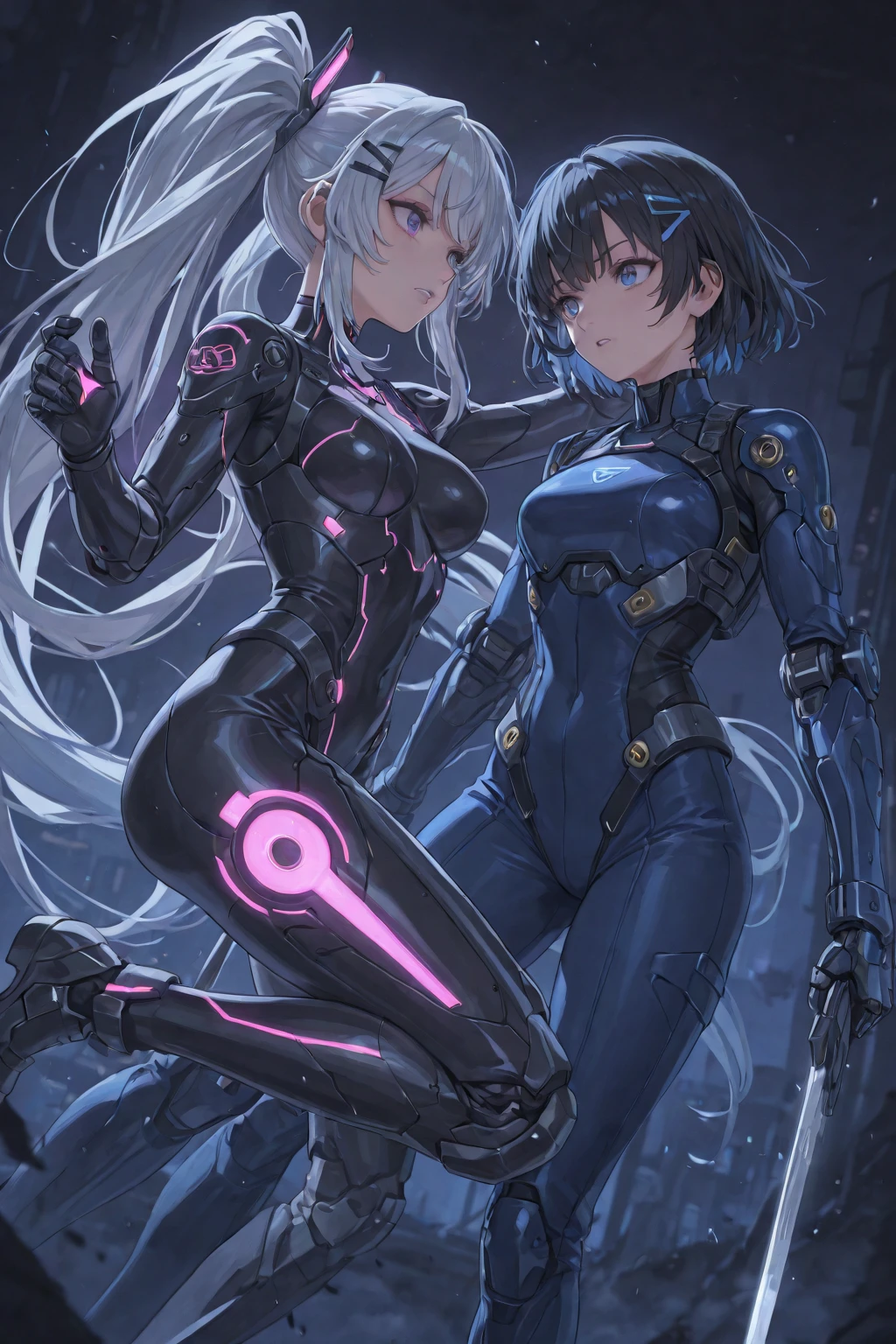 View from below, angle from below Girl Android mechanical prosthetics demonic gloomy with long blue hair woman with sexy hips half cyborg modification Beautiful sad girl blue eyes stands in full growth Anime Style black background Cyberpunk style, black background image of night black city and blue neon lights fluorescent lamps