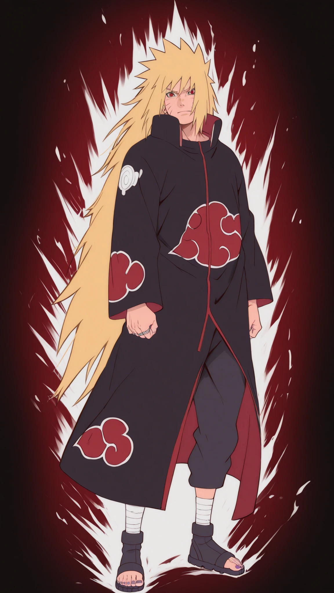 flat color, WaifuDiffusionStyle, neutral background, white splash stylized outline background——-1boy, uzumaki_naruto, blonde_hair, very long hair, spiky hair, bangs, red eyes, mature_male, muscular, muscular_male, AkatsukiOro, official alternate costume, akatsuki uniform, nail polish, black pants, white leg wrap, black toeless footwear, ring, purple nails, wind effect