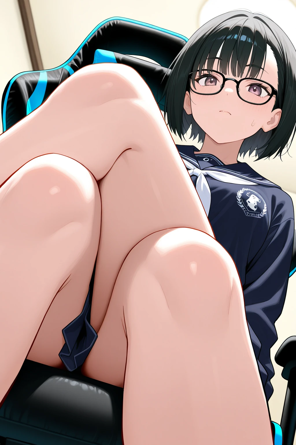 Elementary school girl, 8 years old, toddler, flat chest, black hair, short bob, glasses, purple eyes((One person)) A plain white short-sleeved sailor suit Navy blue mini skirt White panties White sock sneakers School gym Sitting with knees raised Sitting with legs crossed Triangle sitting ((I can see her panties)) Panties reflected on the floor Dynamic Angle Angle from the front Ultra low angle Crotch close-up