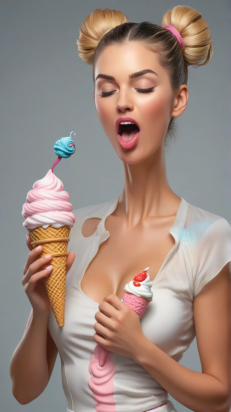 1girl, Professional photoset, icecream ad, ???? girl of 24 yo eating ice cream, licking ice cream, tongue, small ???????, dripping at her ???????, bright pink top, bright color swimsuit, suntan, studio shot, bright blue gradient color background, mango and coconats flying around, bokeh, studio background, pro studio shot, ultrarealistic, 8k, super quality, cinematic lighting, sunny weather, premium SLR camera photo,Ice_Cream_Soft_Serve