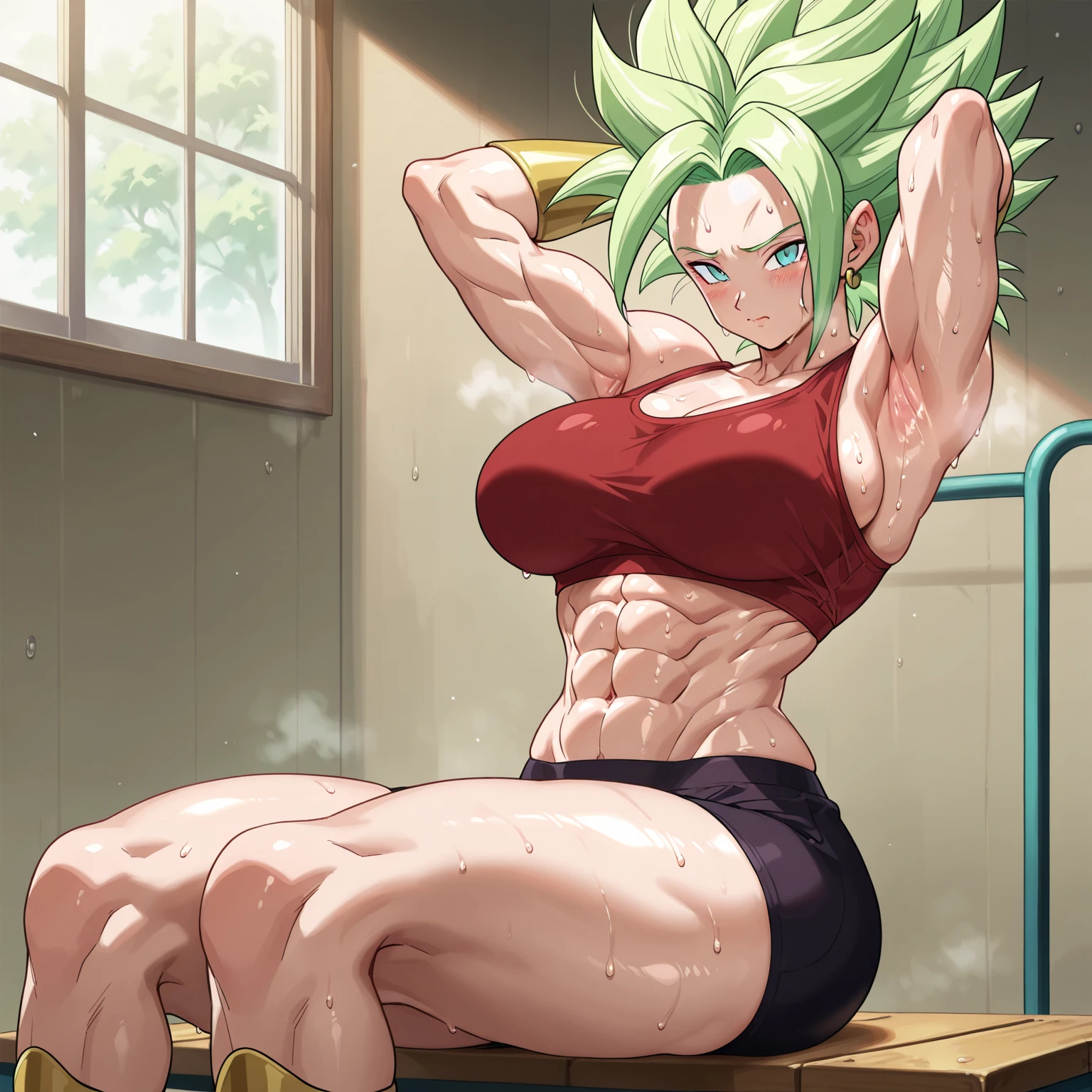 (masterpiece, highest quality, best quality, official art, beautiful and aesthetic: 1.2), 1girl, berserkKale, green hair, nude, naked, midriff,, muscular, abs, muscular girl, warrior woman ,(orgasm face, rolling eyes, smile,) (bouncing breasts:1.5), medium breasts, 1boy, hetero, penis, sex, cowgirl position, girl on top, straddling, sex, motion sex, motion blur, sweating