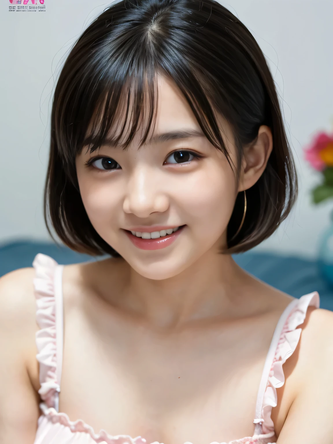 ((Neat elementary school girl)), (small person), ((slim, small breasts, flat breasts, small breasts)), short black hair, It's photorealistic, details, detailed skin texture, ultra detail, delicate sexy clavicle, shy smile, super detailed face, detailed lip, detailed eyes, ((a 12 year old girl))、delicate eyebrows、((short neck))、((baby face))、professional photography、((looking at the viewer))、studio photography、People photography、Horizont Studio、Professional Ritinini Dress)),((No bra)),((not wearing makeup))With bangessy hair),(Japanese style room),((sitting straight on the tatami:1.2)),