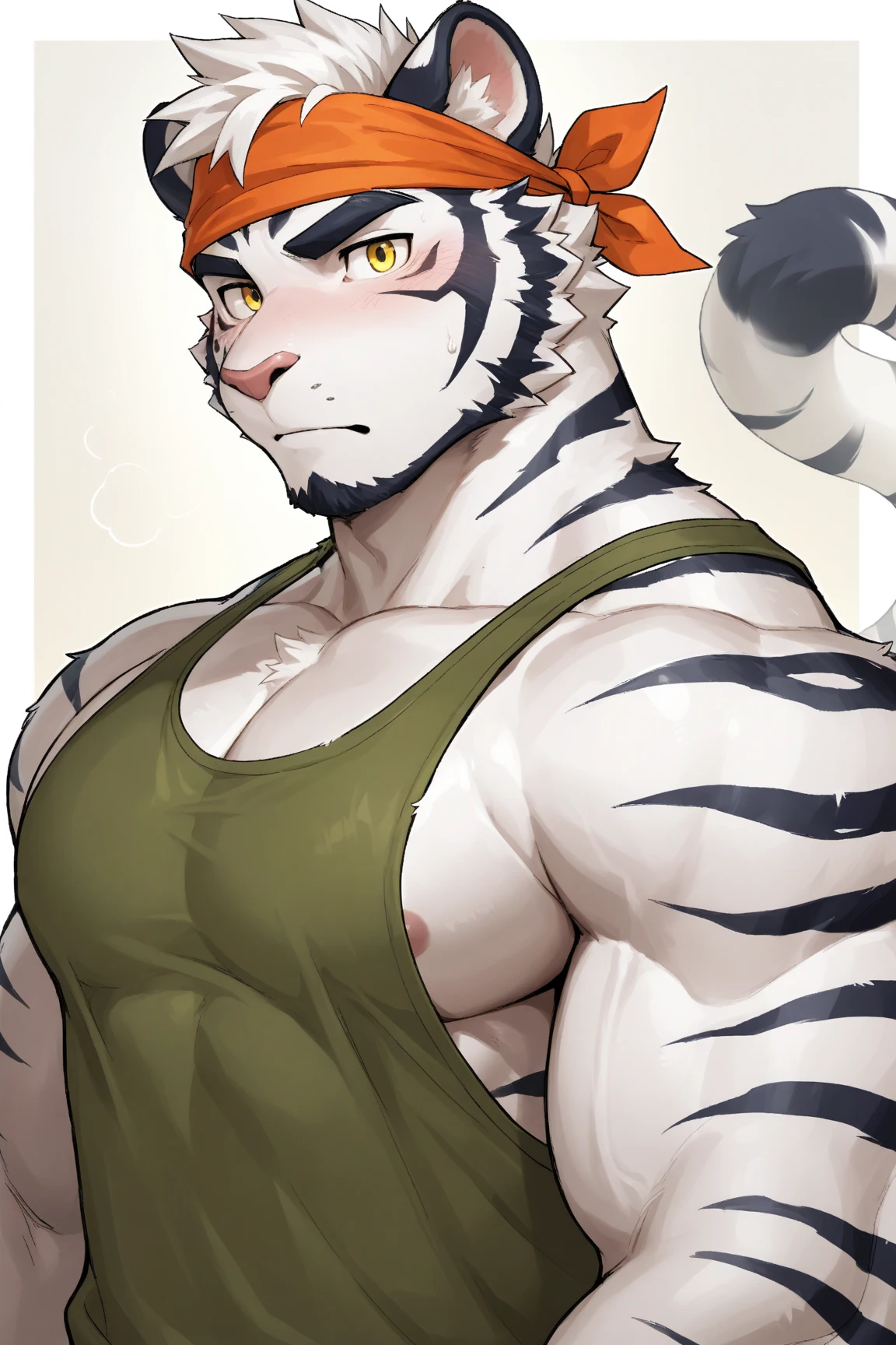 tiger,serious,the strong,Plush body,Fluffy tail(best quality)(Black scar),Black loincloth,(Topless)