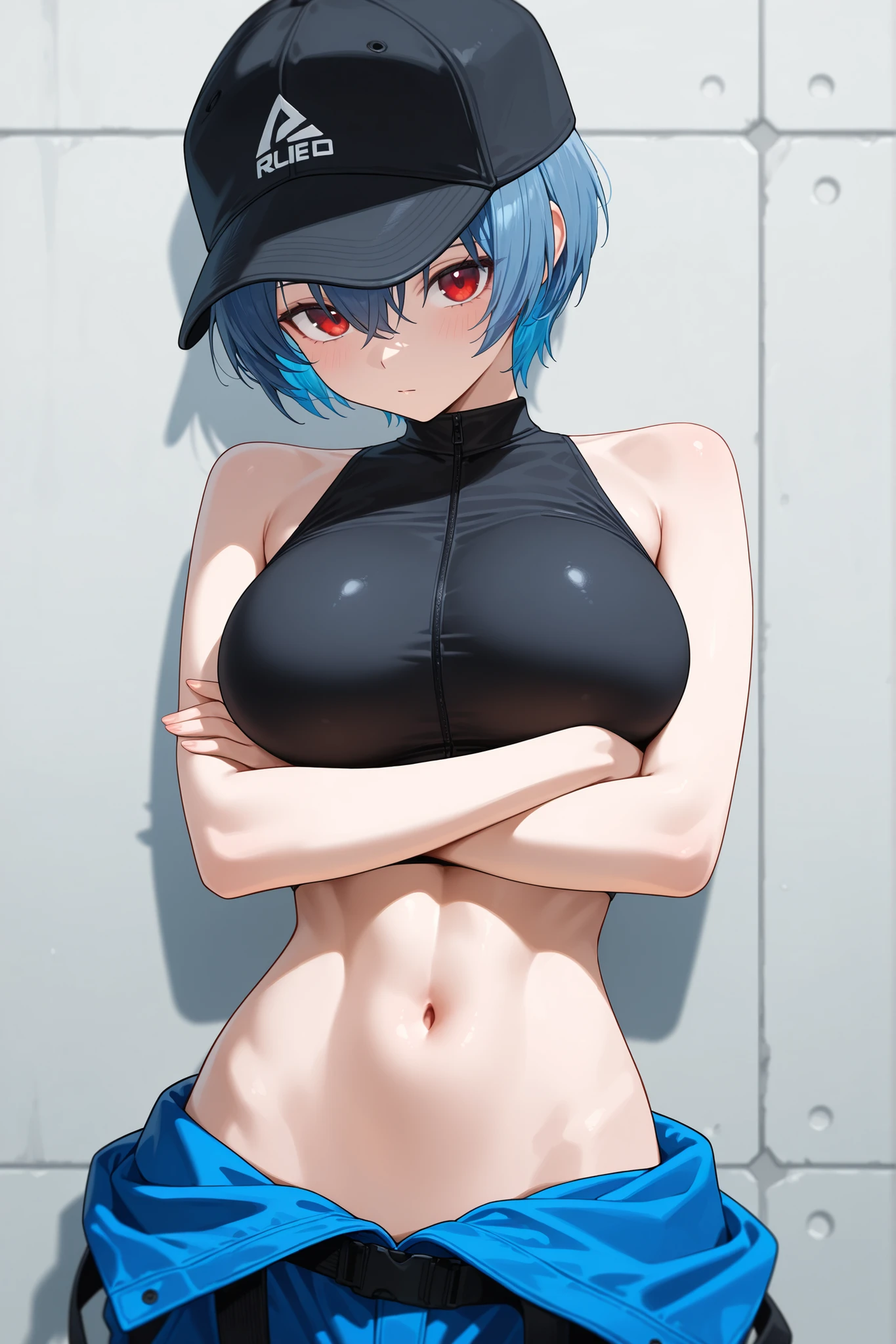 Cute girl, white skin, short white hair, black eyes, blue tattoos, semi-nude, collar, big breasts, exposed stomach, short pants, bra