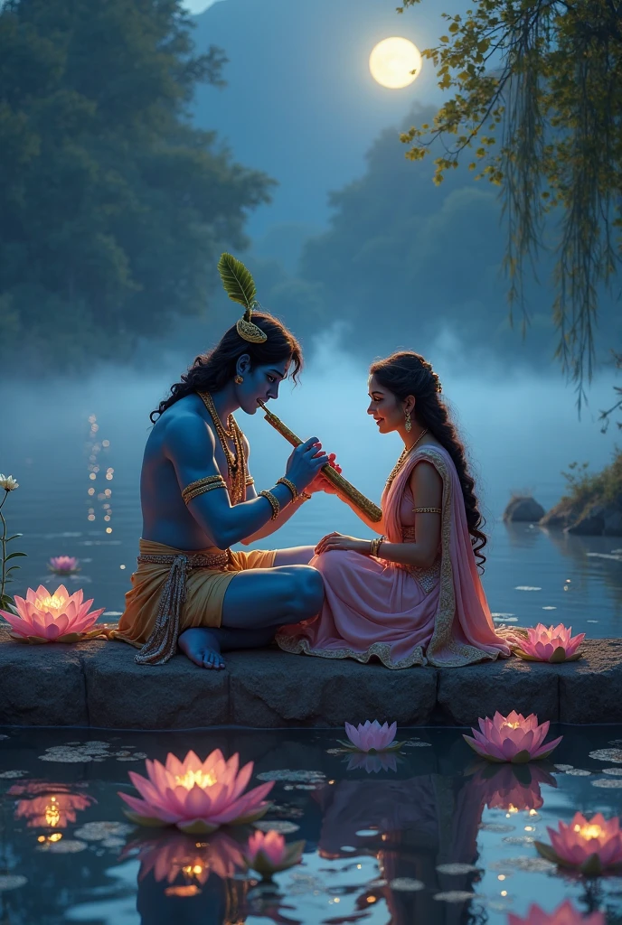 Create an image of the lord Krishna and Lord Mahadev (with trishul in his hand) playing and talking to eachother .